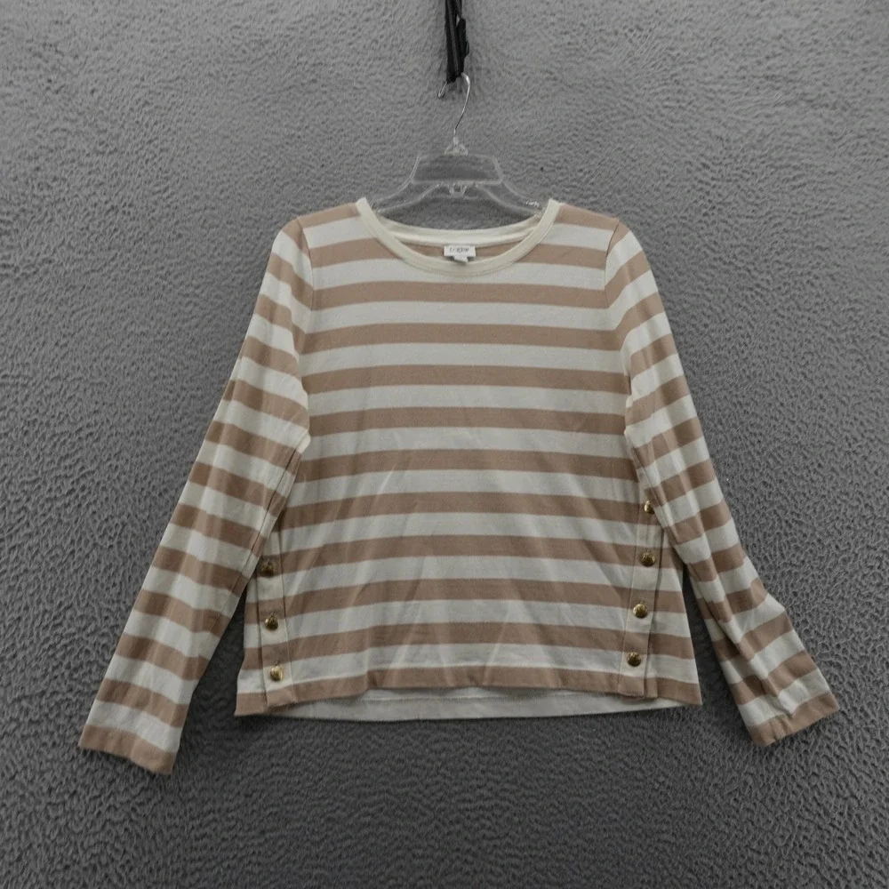 J Crew Button Side Stripe Top Medium Tan White Cotton Long Sleeve‎ Womens Tee